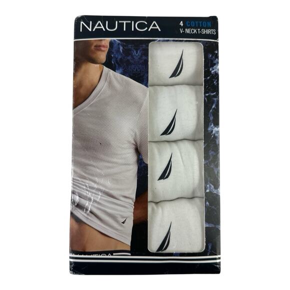 Nautica NWT Men's V- Neck T-Shirts 4-Pack White 100% Cotton Size Large 42-44 NOB - Picture 1 of 3